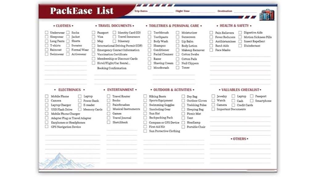 travel packing list pad